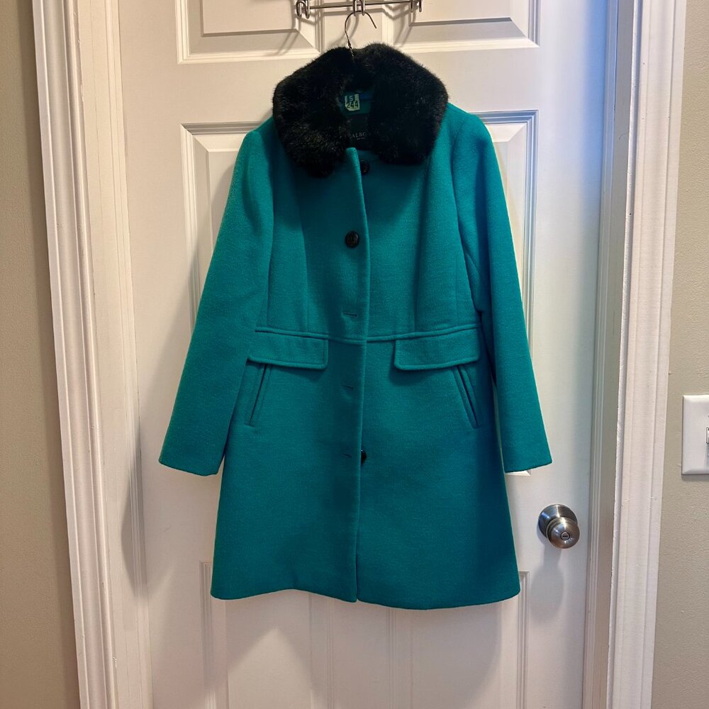 Classic Emerald Green Wool Coat w/Faux Fur Collar (Removable)